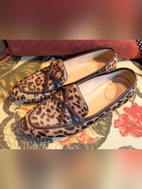 J Crew Academy Leopard Calf Hair Loafers GUC Size 8